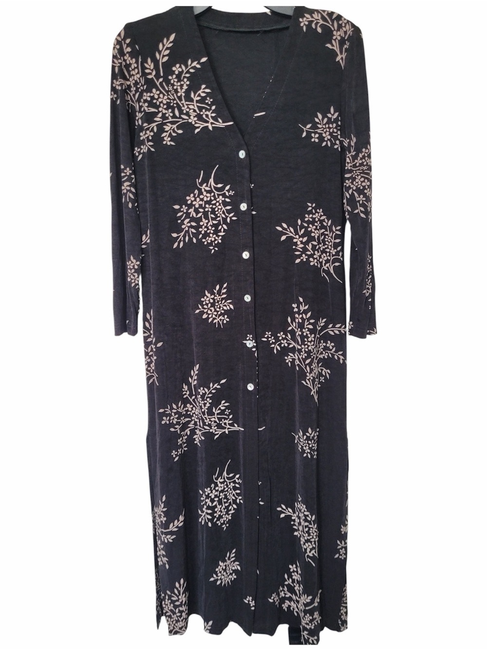 ✅ Black Long Floral Button-Down Cardigan Dress kimono like size M